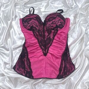 y2k Corset Top Pink Excellent Wet Seal Lace Up Back Ruched Floral Lace Trim